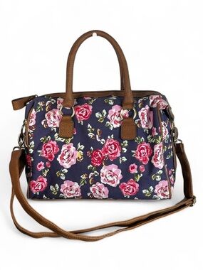 American Eagle Floral Crossbody Bag Navy with Pink Rose Print Satchel 12" x 9.5"